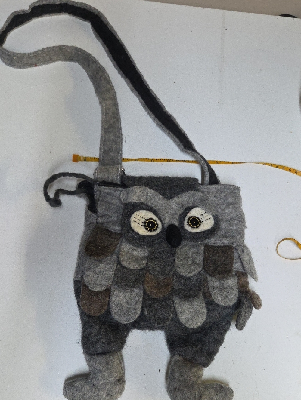 Handcrafted Gray Owl Crossbody Bag - Wool Felt Feather Design